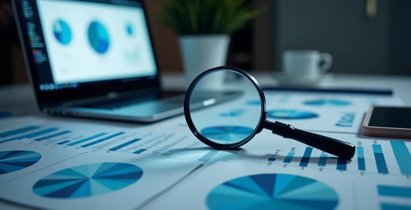 Bureau avec documents de recherche, ordinateur portable montrant des graphiques statistiques et loupe examinant des données
