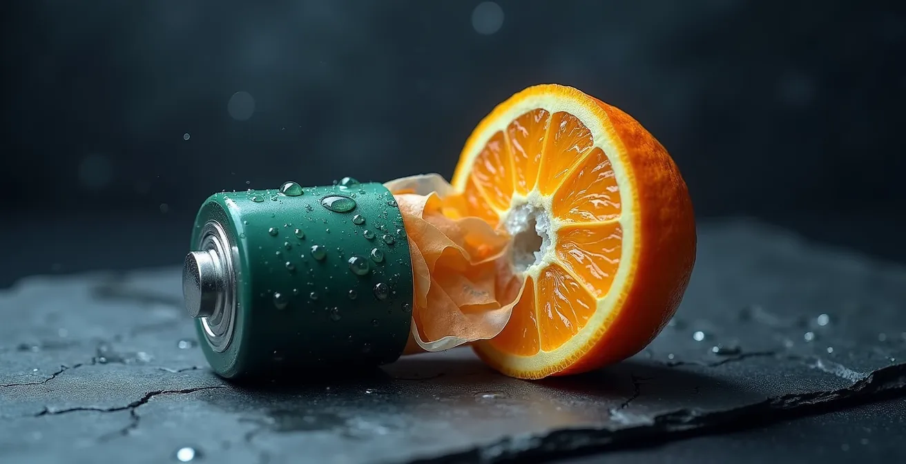 Vue en coupe d'un accu 18650 montrant la gaine isolante et les pôles positif et négatif