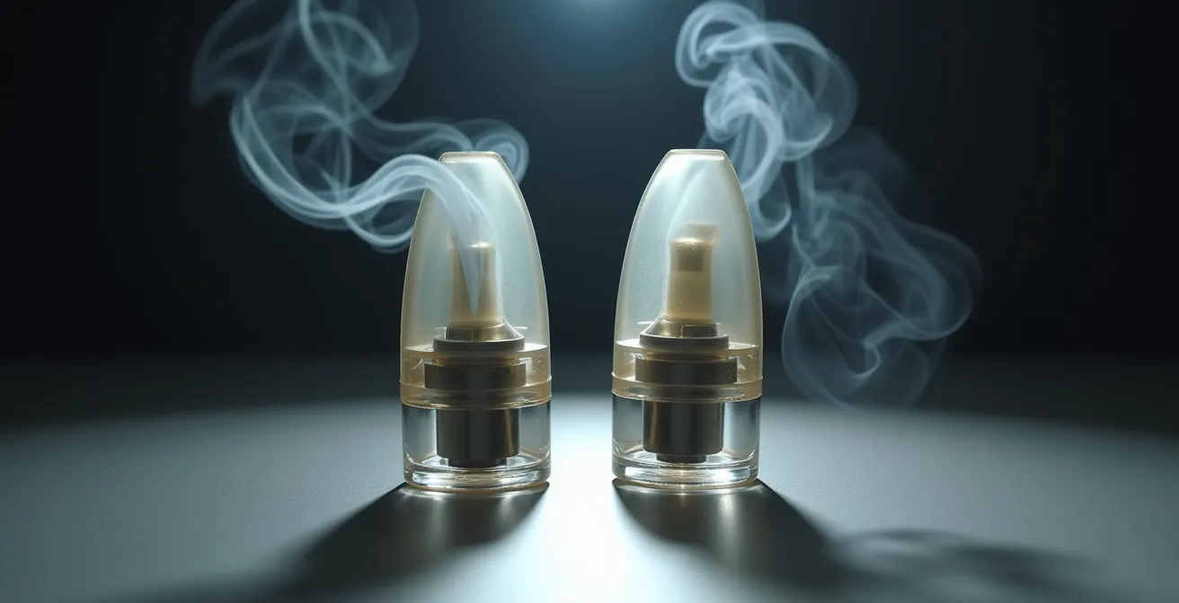 Deux cartouches de pod mod côte à côte montrant la différence d'embouts buccaux et d'ouvertures d'airflow
