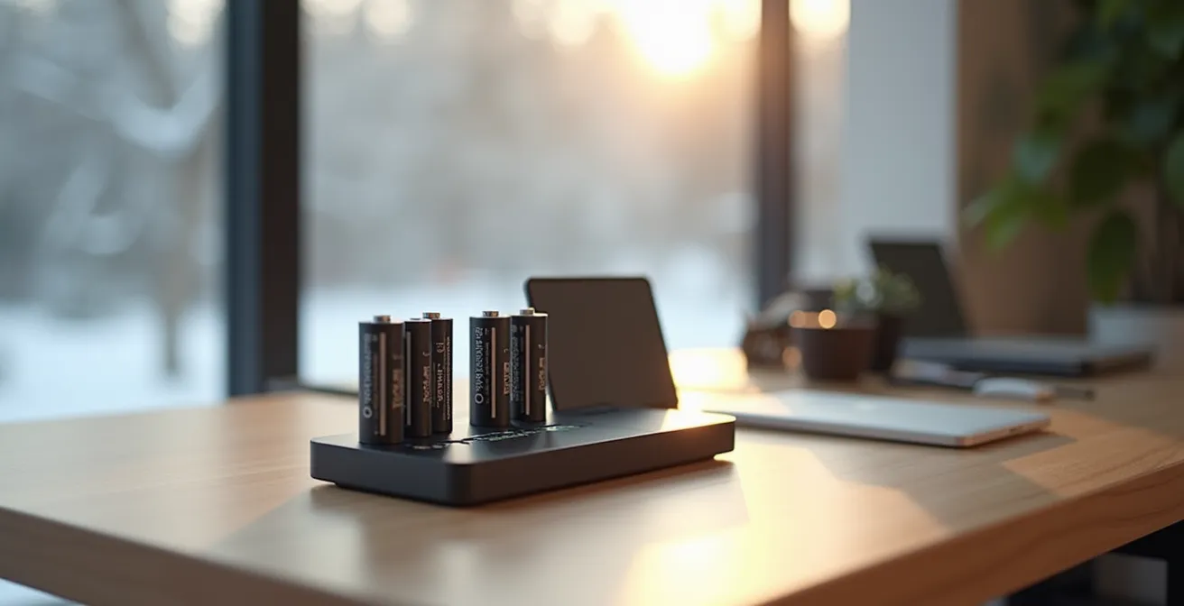 Chargeur externe professionnel avec accus 18650 en charge et voyants LED de statut