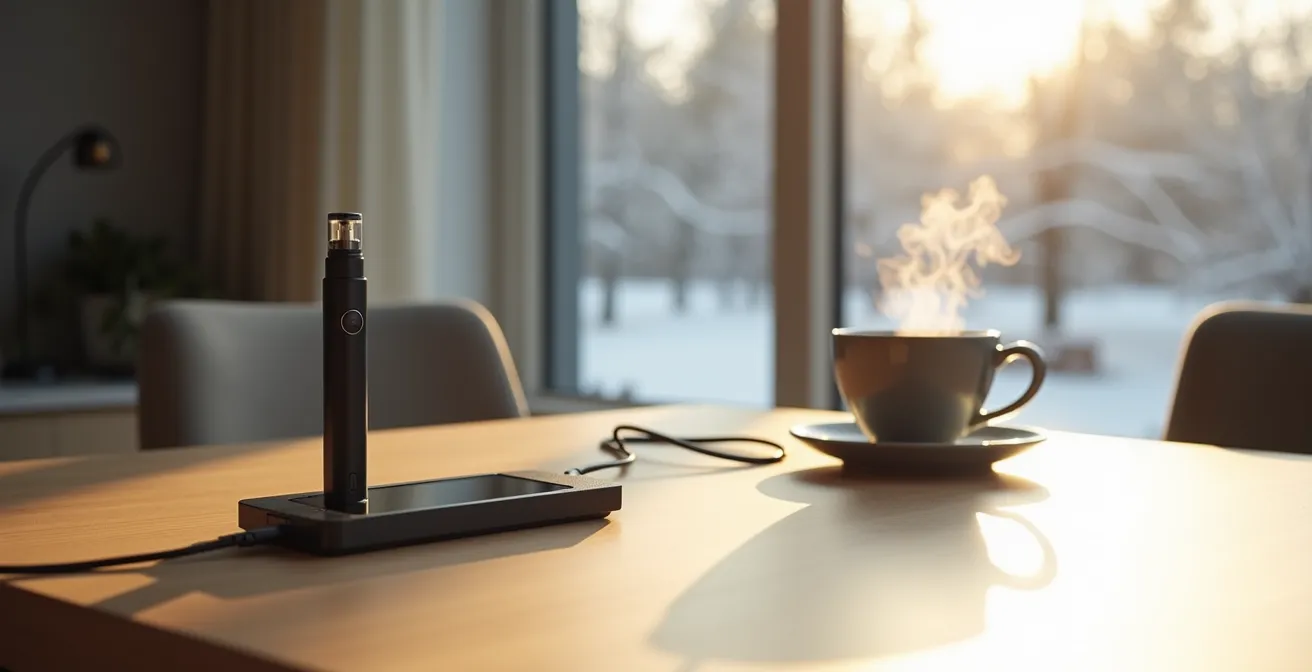 Bureau moderne avec cigarette électronique en charge USB-C près d'une tasse de café