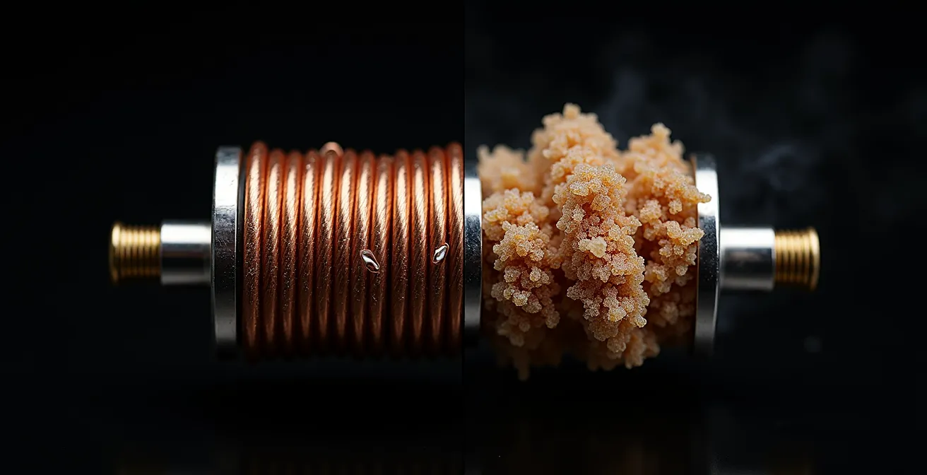 Comparaison macro de deux résistances de cigarette électronique, l'une propre et l'autre encrassée