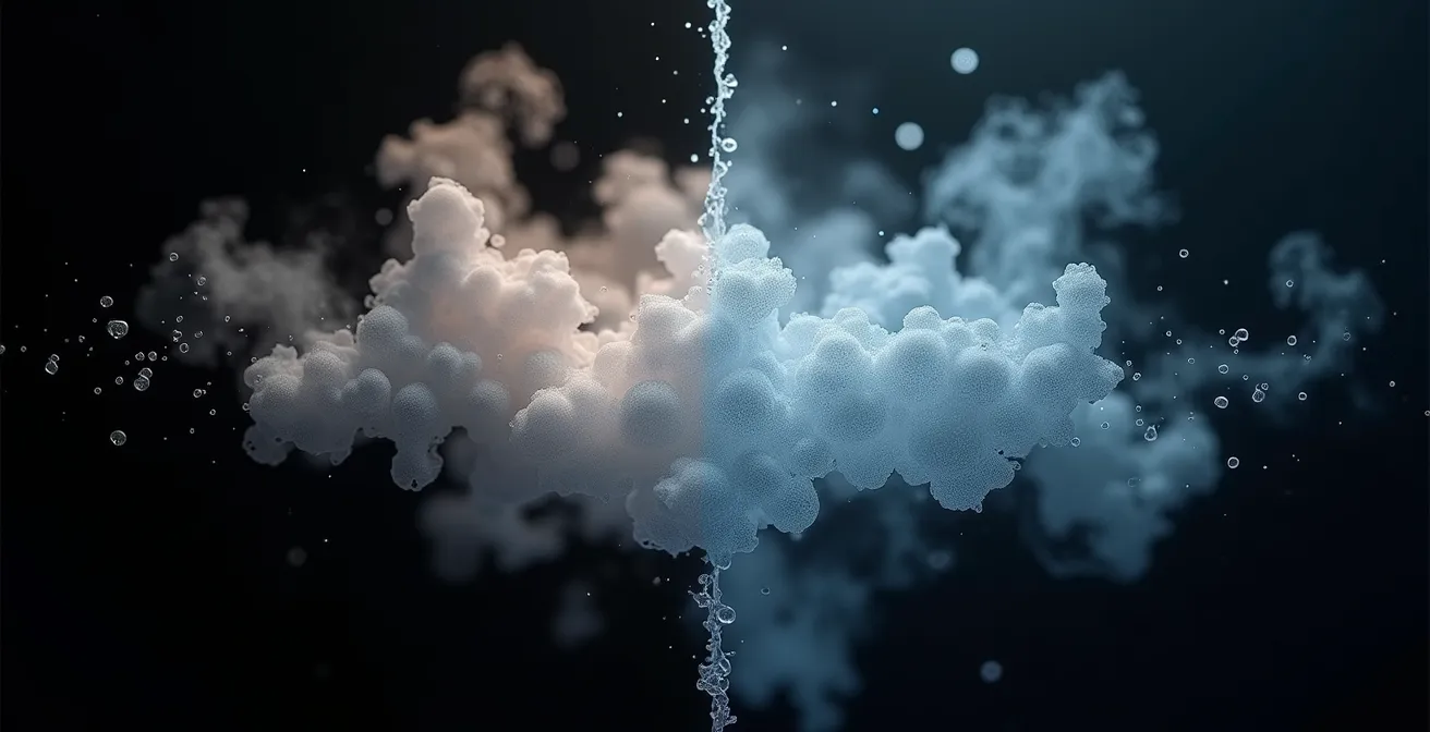 Comparaison visuelle entre la vapeur dense des sels de nicotine et la vapeur plus dispersée de la nicotine classique