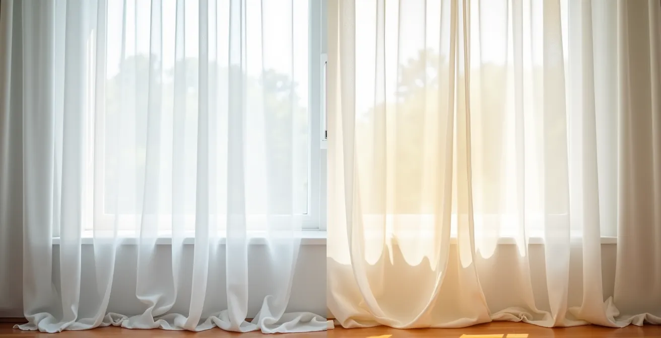 Comparaison visuelle entre vapeur de cigarette électronique et fumée de tabac sur un rideau blanc d'intérieur canadien