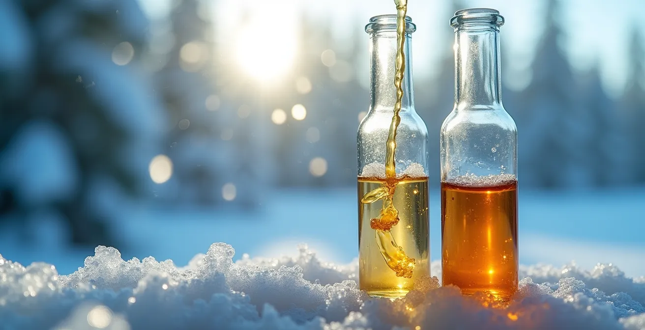 Comparaison de la viscosité des liquides PG et VG en conditions hivernales, montrant un liquide fluide (PG) et un liquide épais (VG).