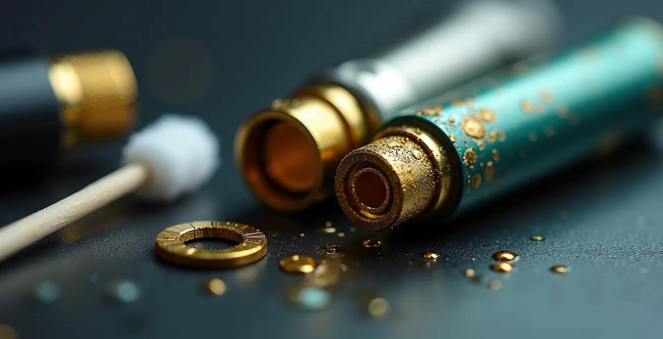 Gros plan macro sur des connecteurs dorés et argentés d'un pod mod avec traces de condensation et corrosion