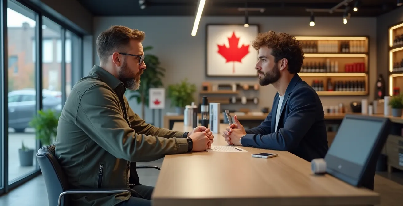 Un expert en vapotage conseille un débutant dans une boutique canadienne, ambiance chaleureuse et professionnelle