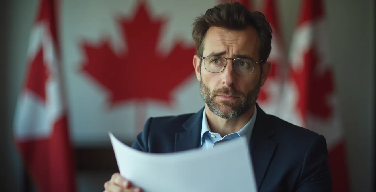 Personne tenant un document officiel d'amende dans un bureau gouvernemental canadien