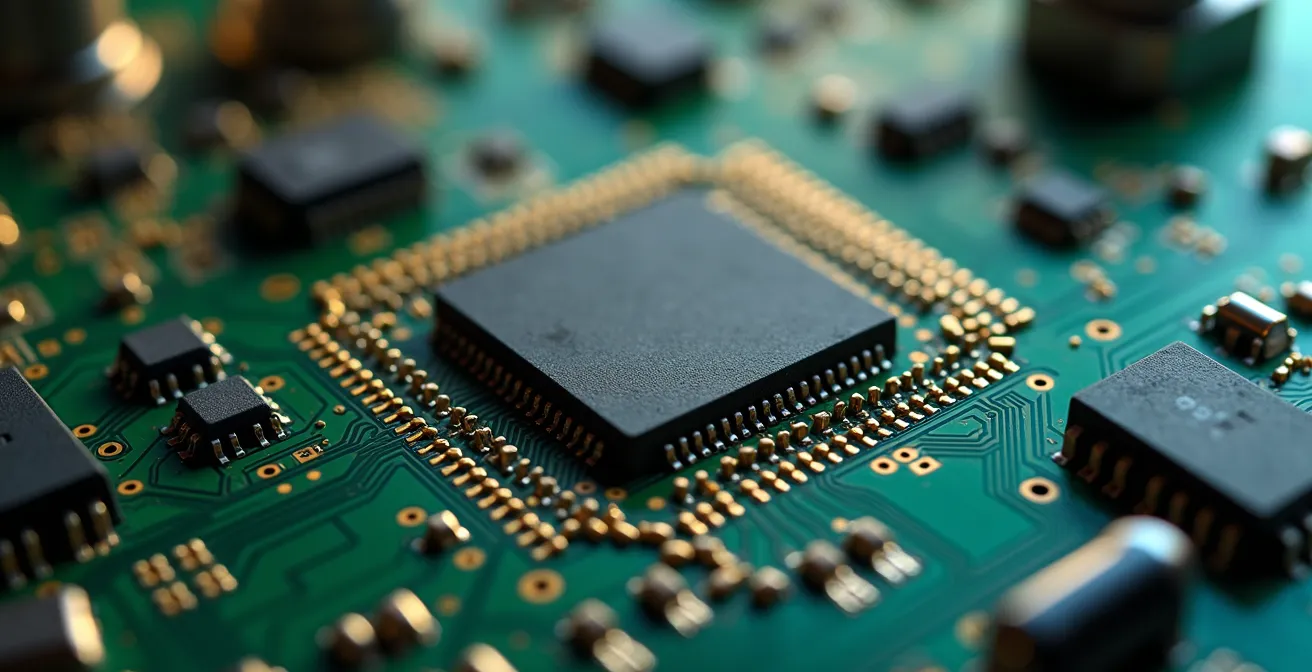 Gros plan macro sur les composants internes d'un chipset de mod électronique montrant les circuits et connexions