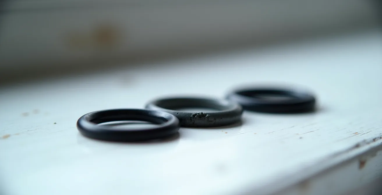 Joints toriques de clearomiseur sous différents états d'usure éclairés par la lumière d'un smartphone