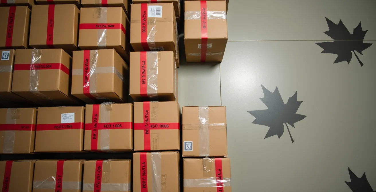 Vue en plongée de colis saisis avec ruban de sécurité douanier dans un entrepôt