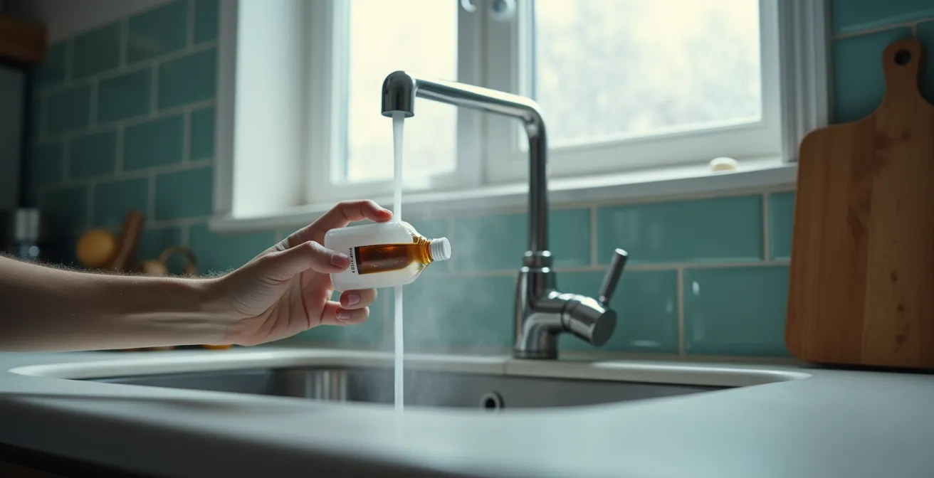 Bouteille de e-liquide sous un filet d'eau tiède pour dissoudre les résidus cristallisés