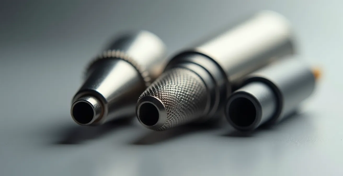 Macro détaillée de différents embouts de vape montrant des textures et formes variées, illustrant la proprioception buccale.