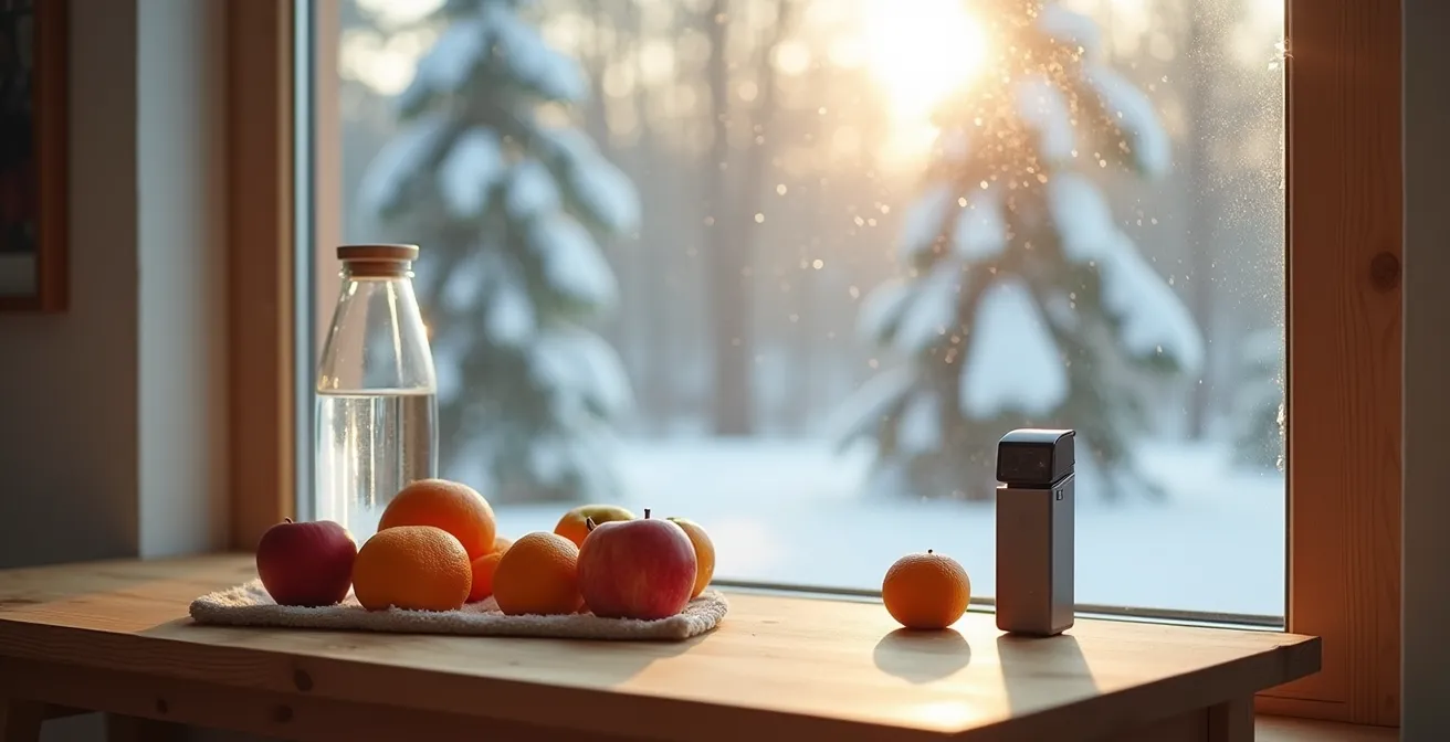 Intérieur canadien chaleureux en hiver avec vapoteur et éléments d'hydratation