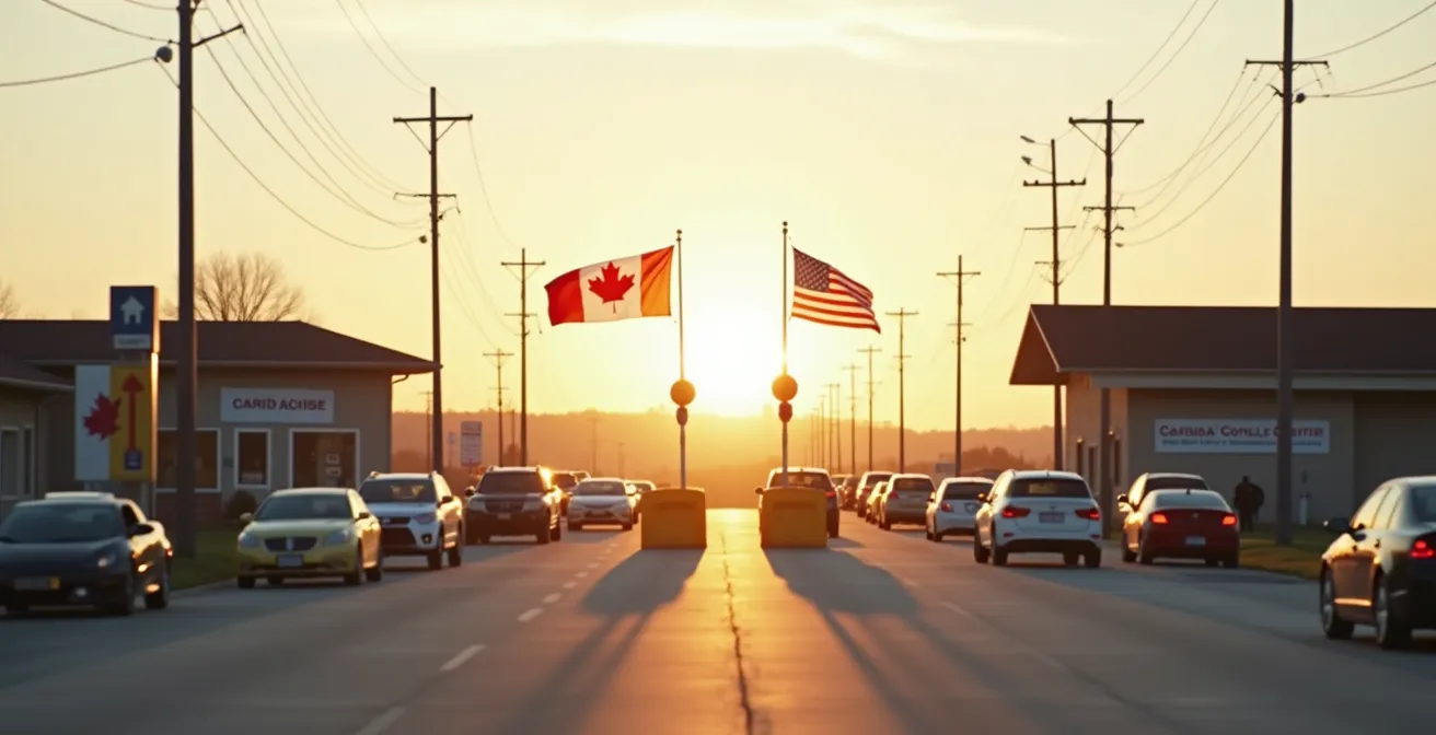 Poste frontalier Canada-États-Unis avec drapeau canadien visible