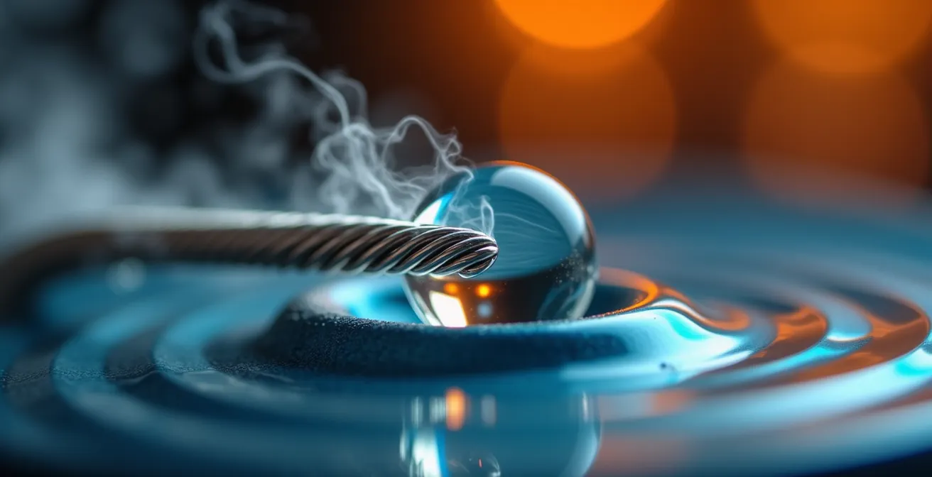 Vue macro d'une résistance de vapoteuse avec gouttelettes d'eau créant un effet de vaporisation instantanée