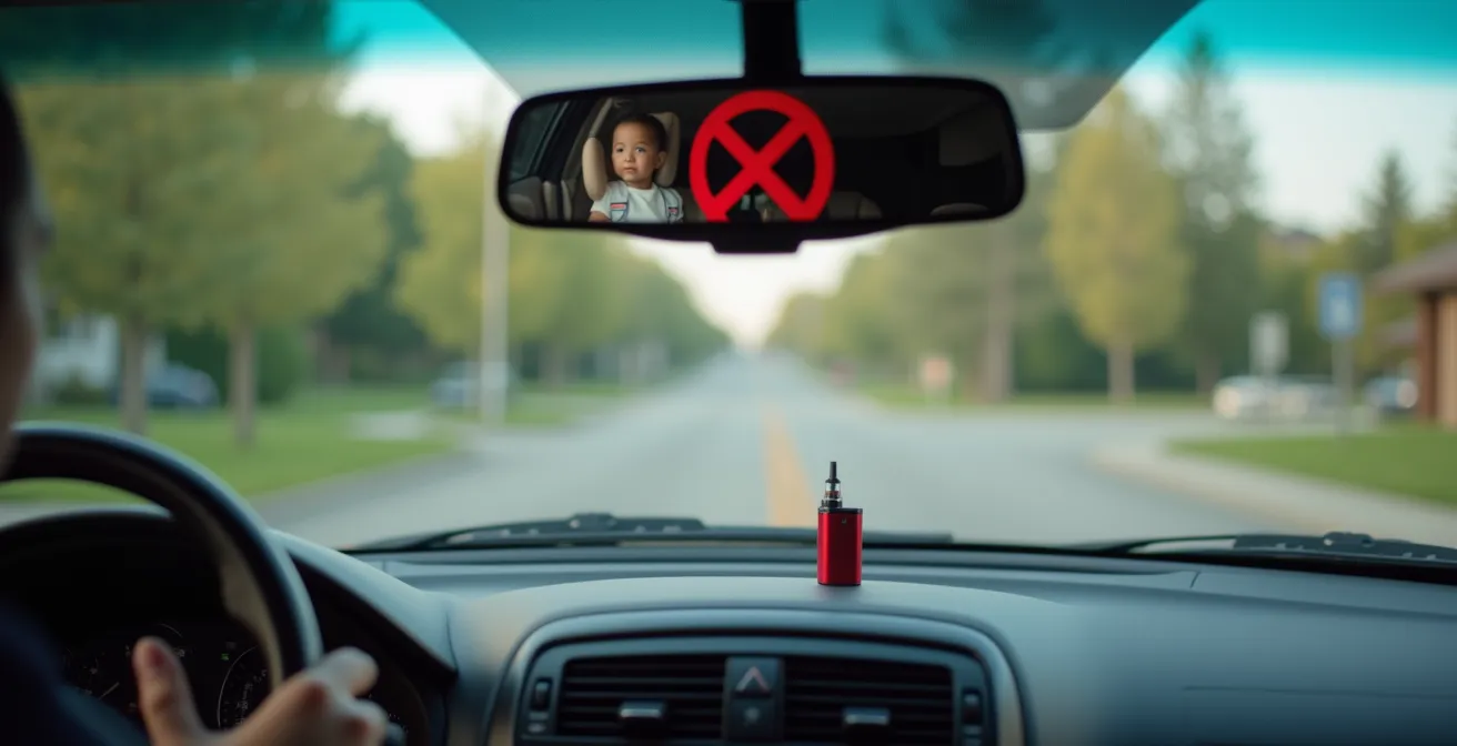 Vue de l'intérieur d'un véhicule montrant symboliquement la protection des mineurs contre le vapotage