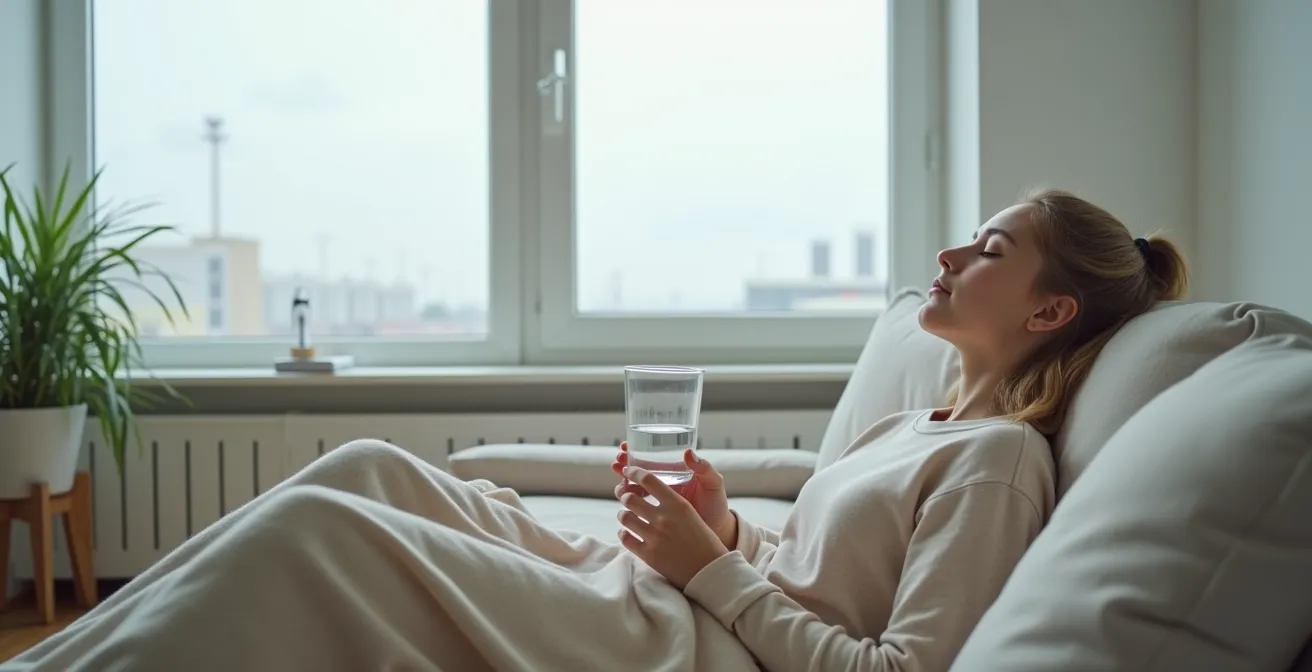 Jeune personne se reposant avec un verre d'eau dans un environnement calme et apaisant