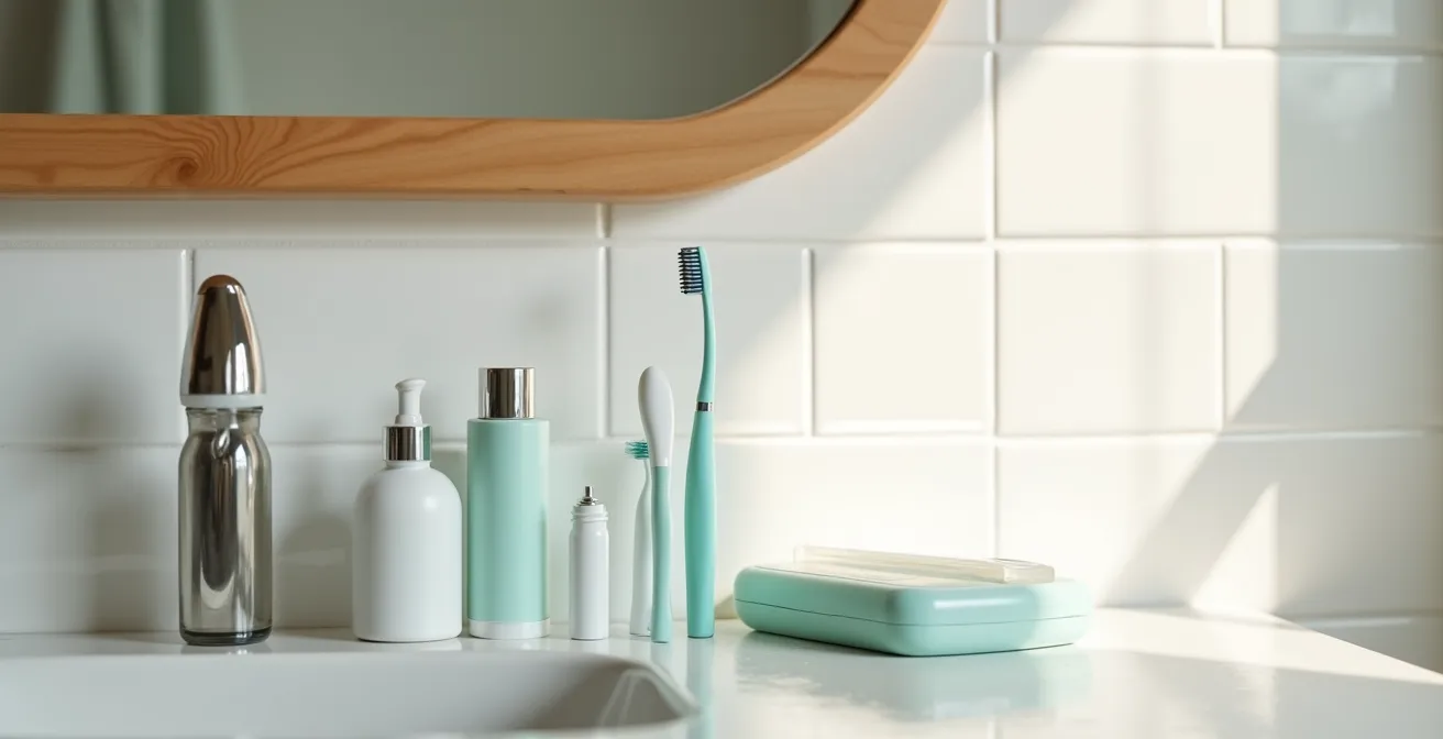 Kit d'hygiène pour vapoteur avec brossettes, lingettes et capuchons de protection sur comptoir de salle de bain