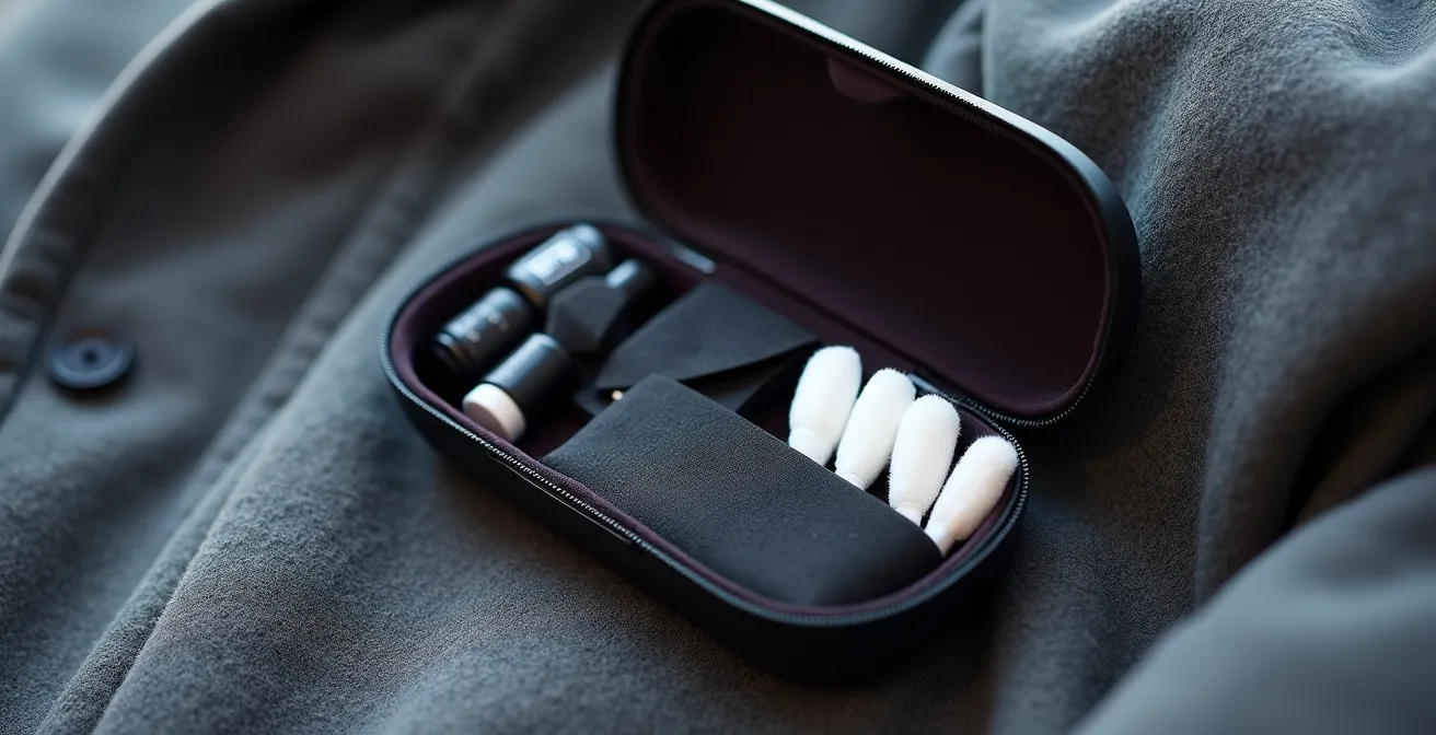 Étui rigide ouvert montrant des accessoires d'entretien organisés comme des cotons-tiges et un chiffon microfibre.