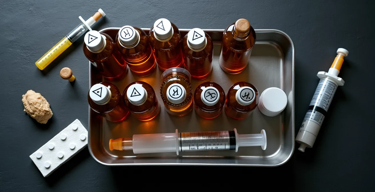 Kit de transvasement sécuritaire avec contenants ambrés, seringues graduées et plateaux de confinement
