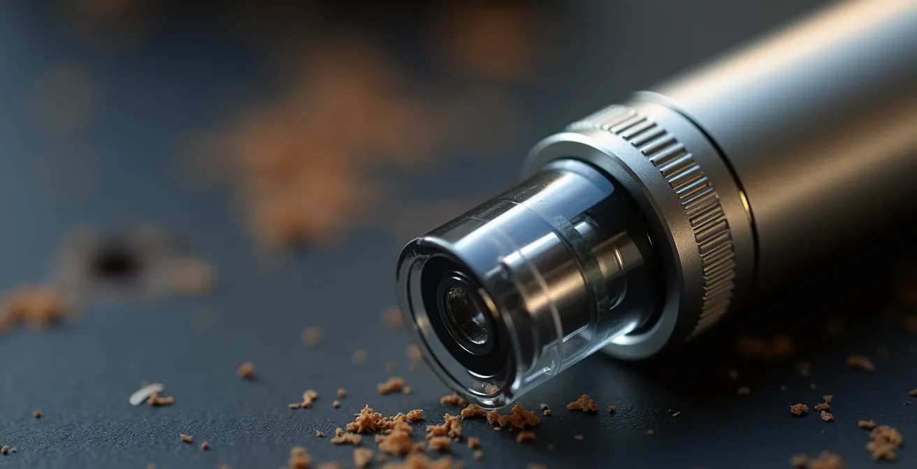 Vue macro détaillée sur la texture et la finition d'un kit de vapotage de démarrage, mettant en avant la qualité de fabrication.