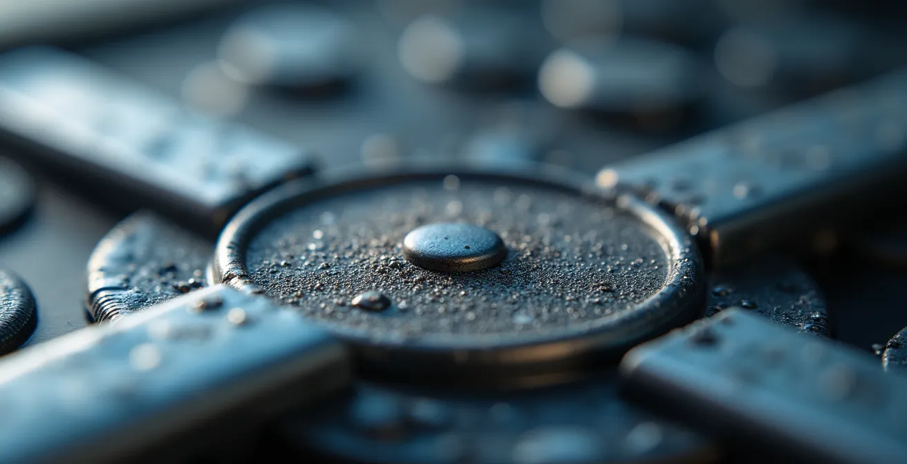 Gros plan sur connexion magnétique de pod avec résidus visibles nécessitant nettoyage