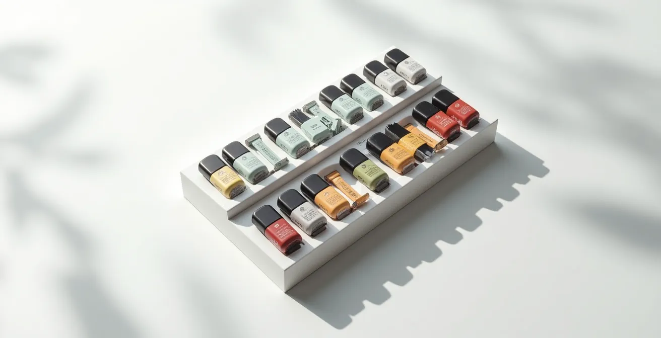 Arrangement organisé de plusieurs pods de rechange sur support minimaliste