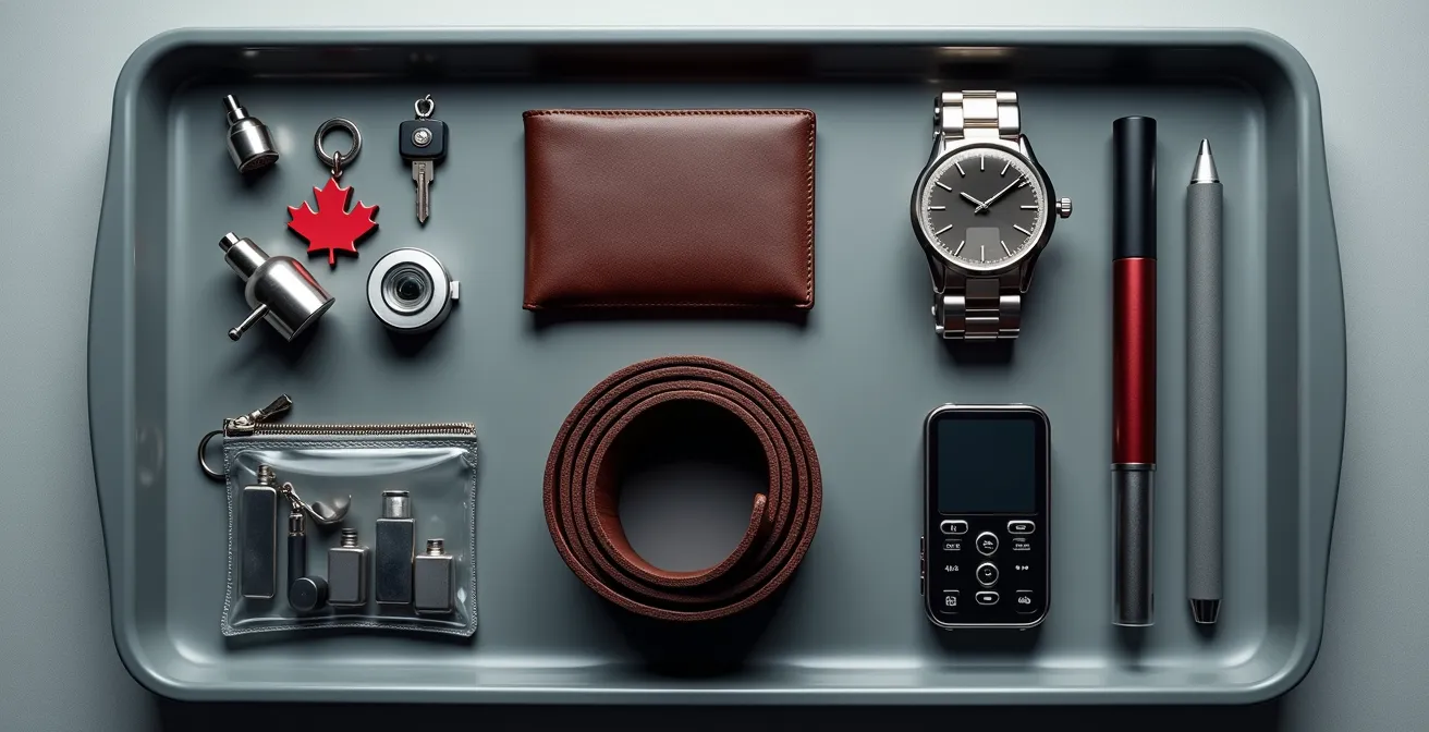 Vue de dessus d'un plateau de sécurité aéroportuaire avec un portefeuille, des clés, une ceinture et des formes cylindriques suggérant une vapoteuse, le tout parfaitement organisé.