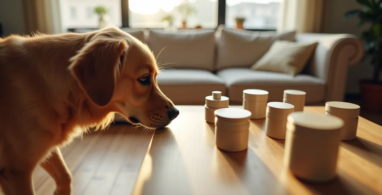 Chien curieux reniflant une table basse où sont rangés de manière sécuritaire des produits de vapotage