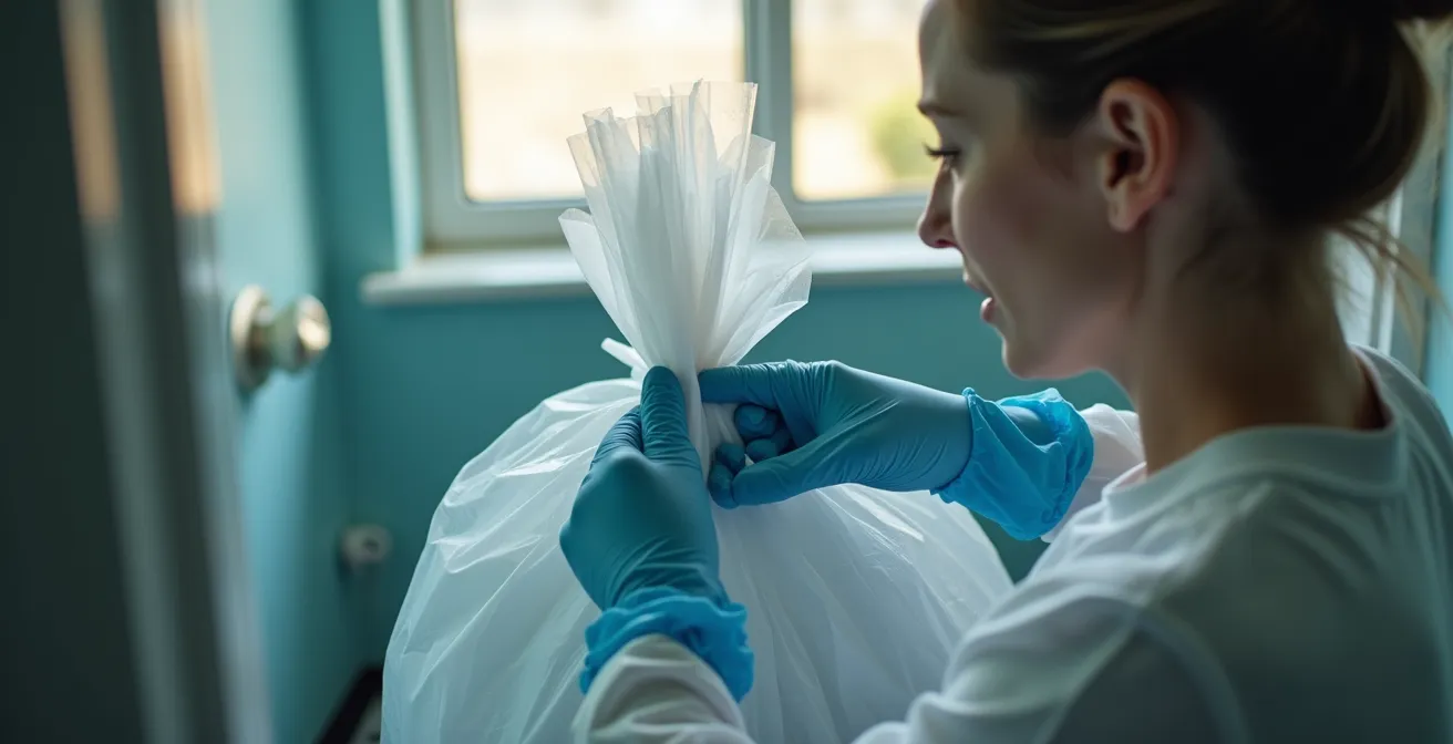 Protocole de décontamination d'urgence avec vêtements dans sac scellé et équipements de protection