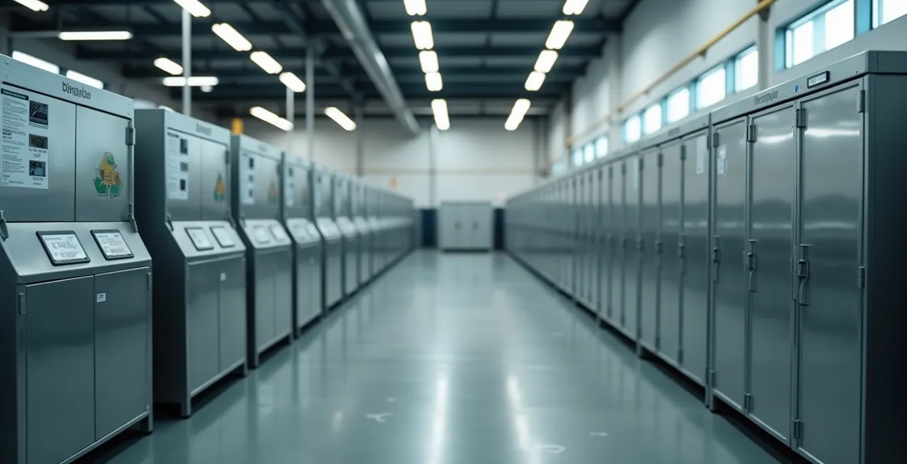 Vue d'ensemble d'un écocentre avec bacs de tri pour métaux et déchets électroniques