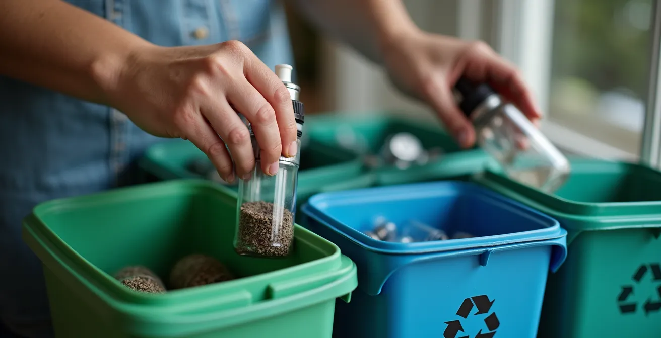 Gros plan sur des mains triant des fioles vides dans différents contenants de recyclage avec symboles écologiques