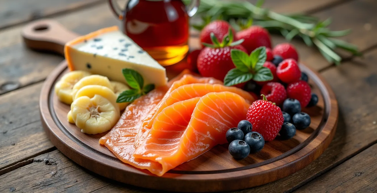 Nature morte gourmande avec des produits du terroir canadien comme du sirop d'érable et des fromages, symbolisant la redécouverte du goût.