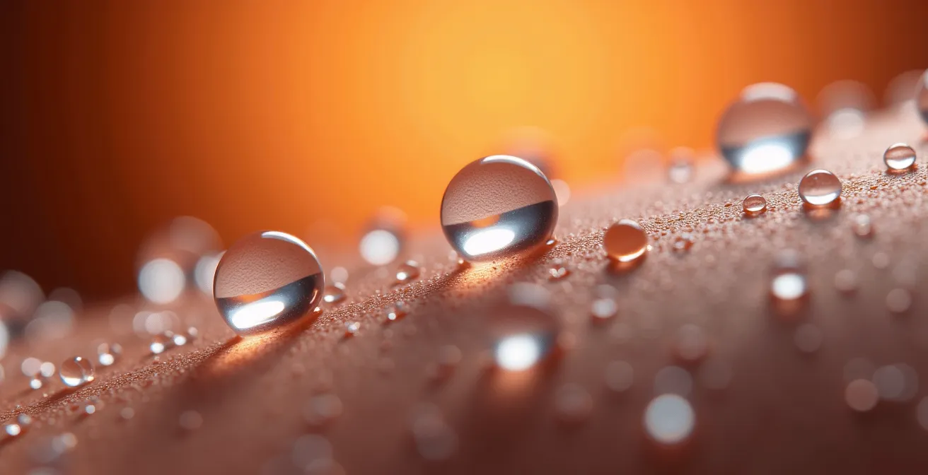 Vue macro de gouttelettes de transpiration sur une peau en phase de détoxification