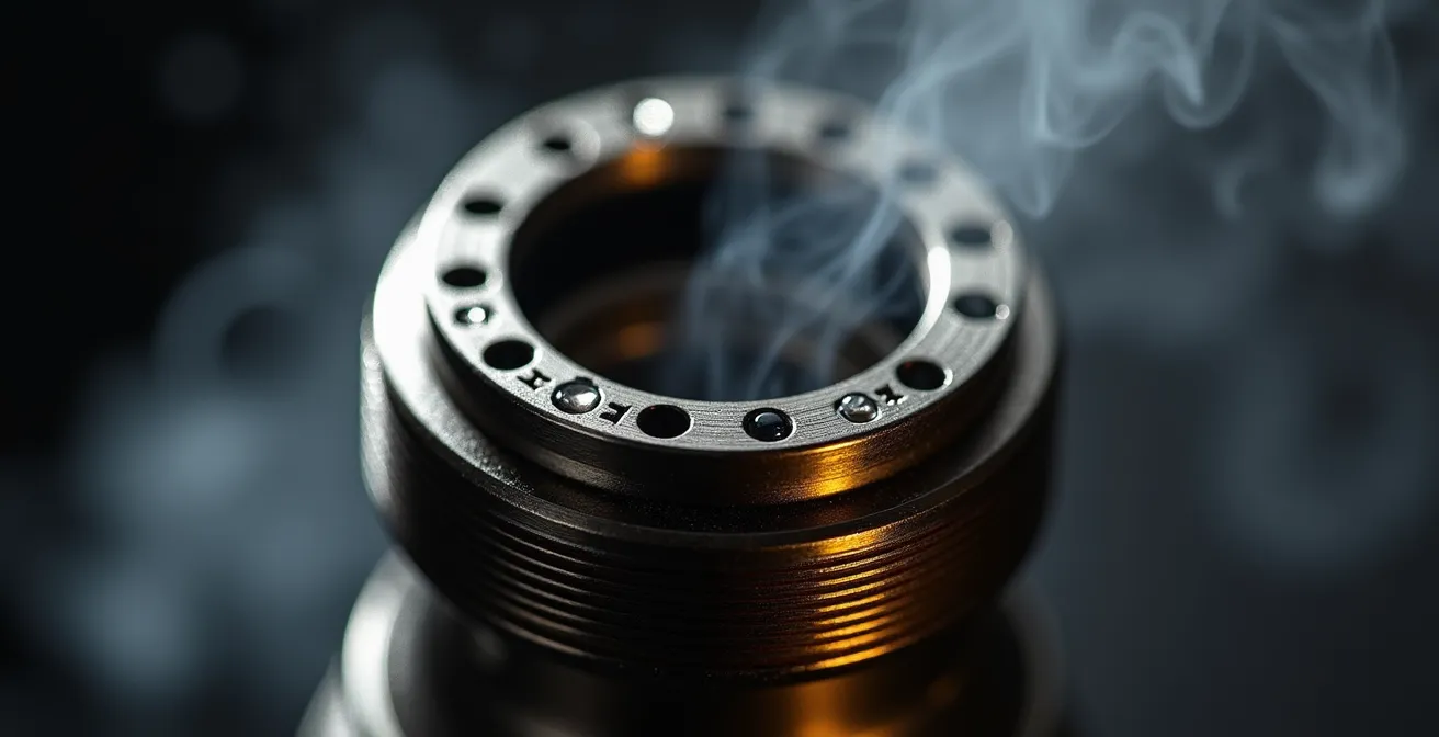 Gros plan sur le système d'airflow d'une cigarette électronique avec flux d'air visualisé