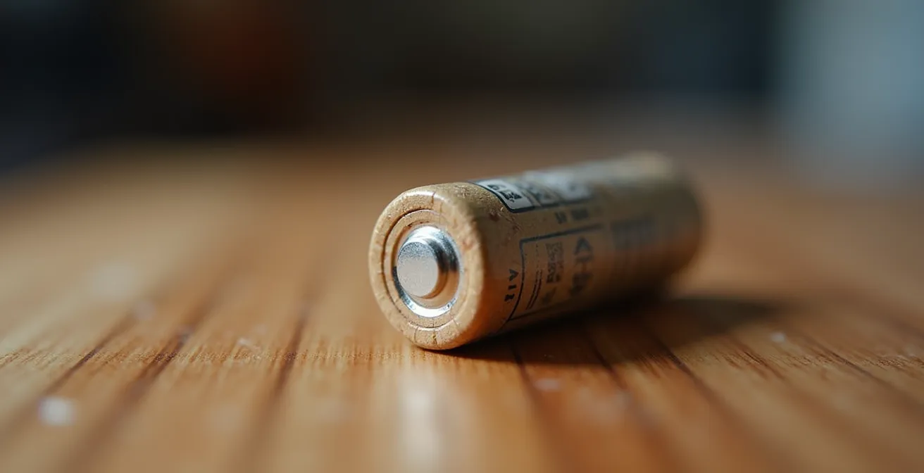 Gros plan macro sur un accu 18650 avec wrap intact posé sur une surface de travail technique