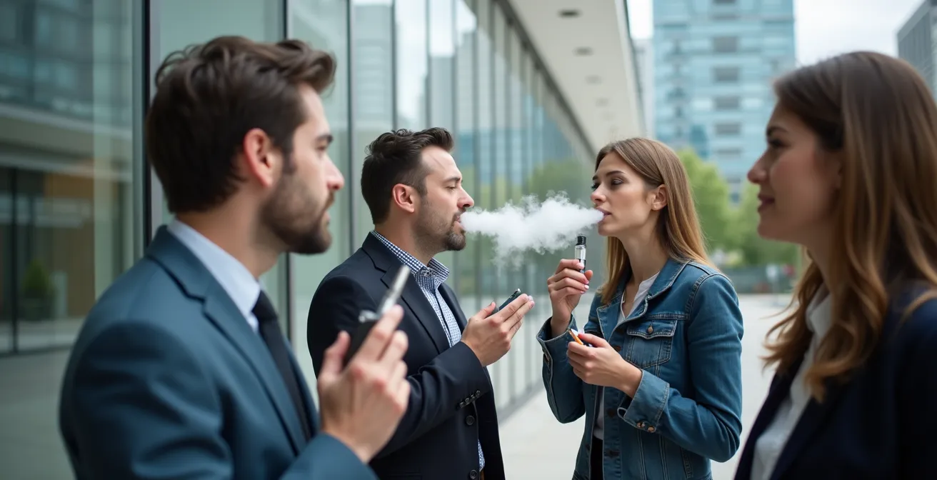Groupe de personnes en pause extérieure, une personne vapote avec une saveur fruitée distincte des autres qui fument.