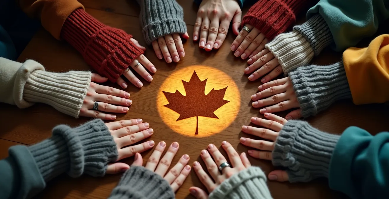 Mains entrelacées formant un cercle de soutien, ambiance chaleureuse québécoise