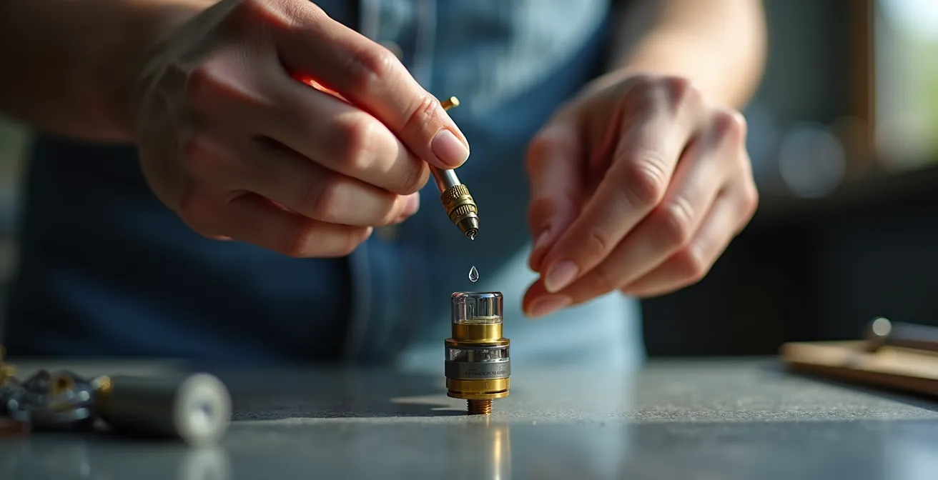 Gros plan sur des mains appliquant délicatement du e-liquide sur une résistance neuve