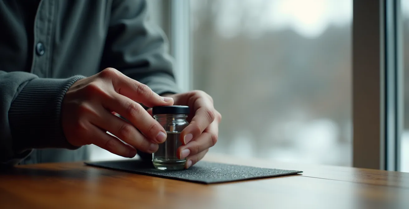 Mains utilisant un tapis antidérapant en caoutchouc pour ouvrir un clearomiseur coincé avec précaution