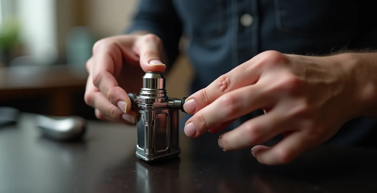 Vue rapprochée des mains effectuant le vissage correct d'un atomiseur sur un mod