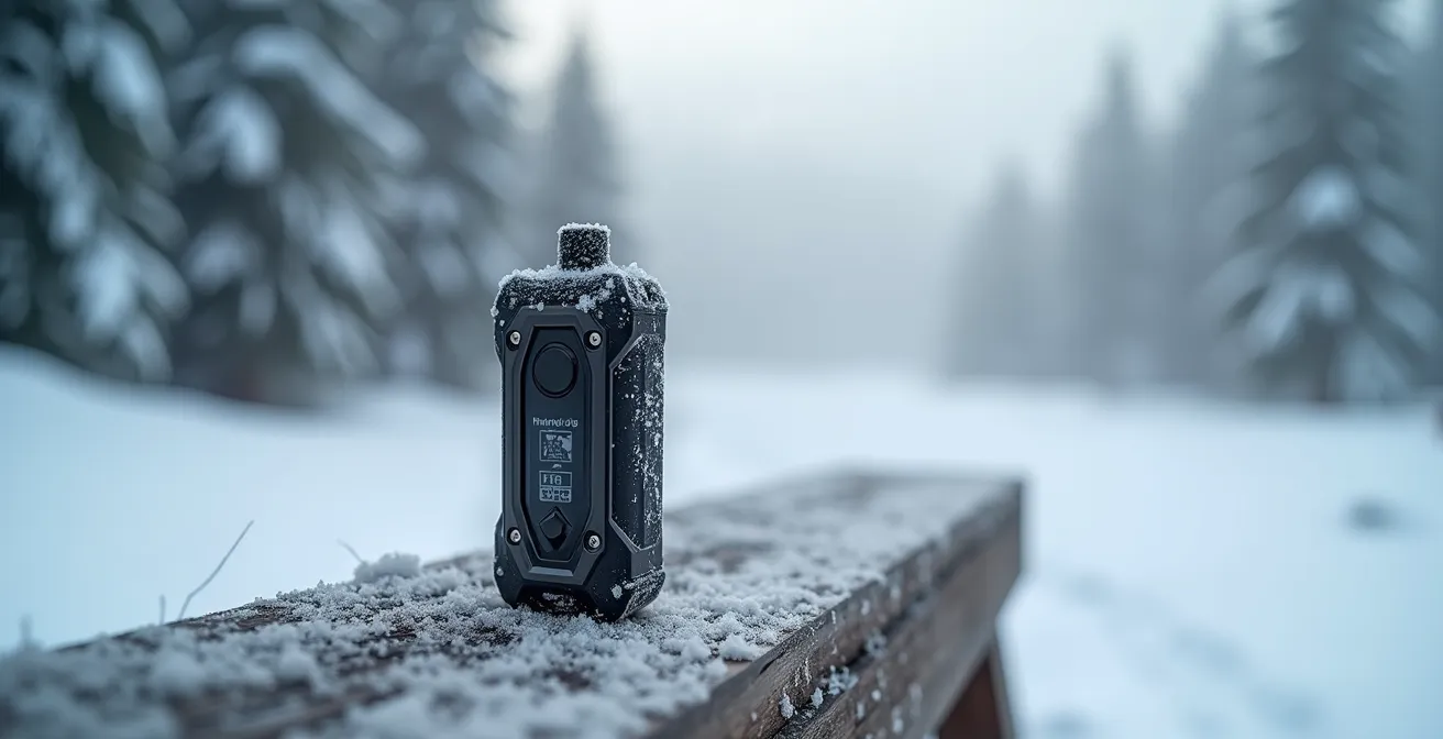 Box électronique Aegis recouverte de givre et de neige sur un banc de bois gelé dans un paysage hivernal canadien