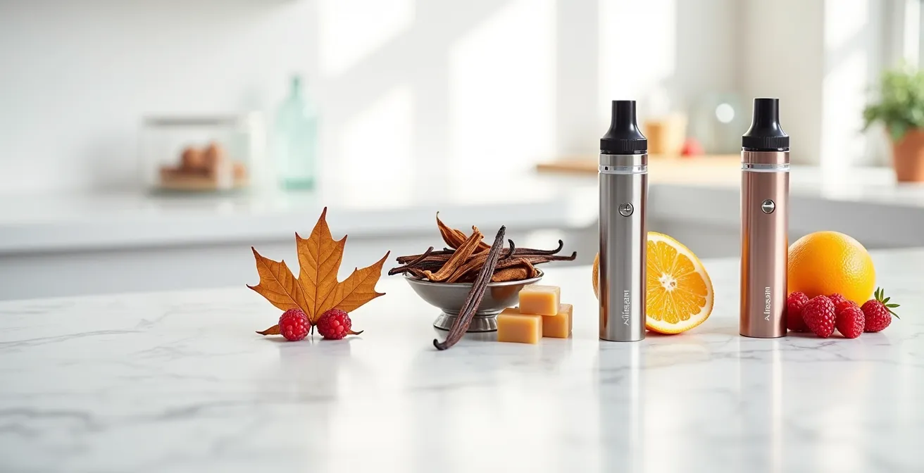 Environnement minimaliste montrant une progression visuelle de saveurs de vapotage