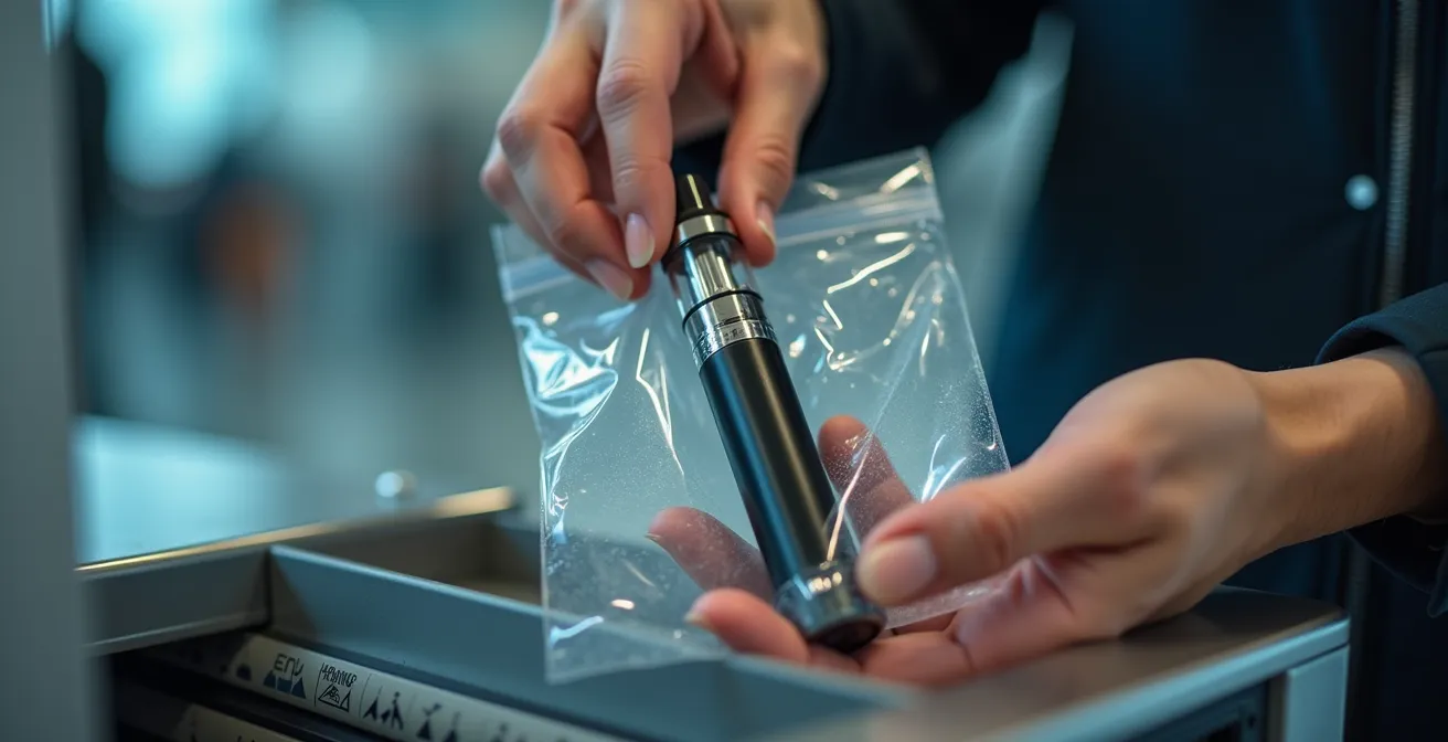 Voyageur préparant sa vapoteuse dans un sac transparent pour la sécurité aéroportuaire