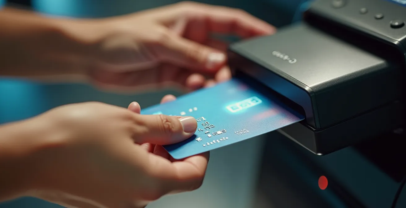 Gros plan sur une vérification professionnelle de pièce d'identité au comptoir