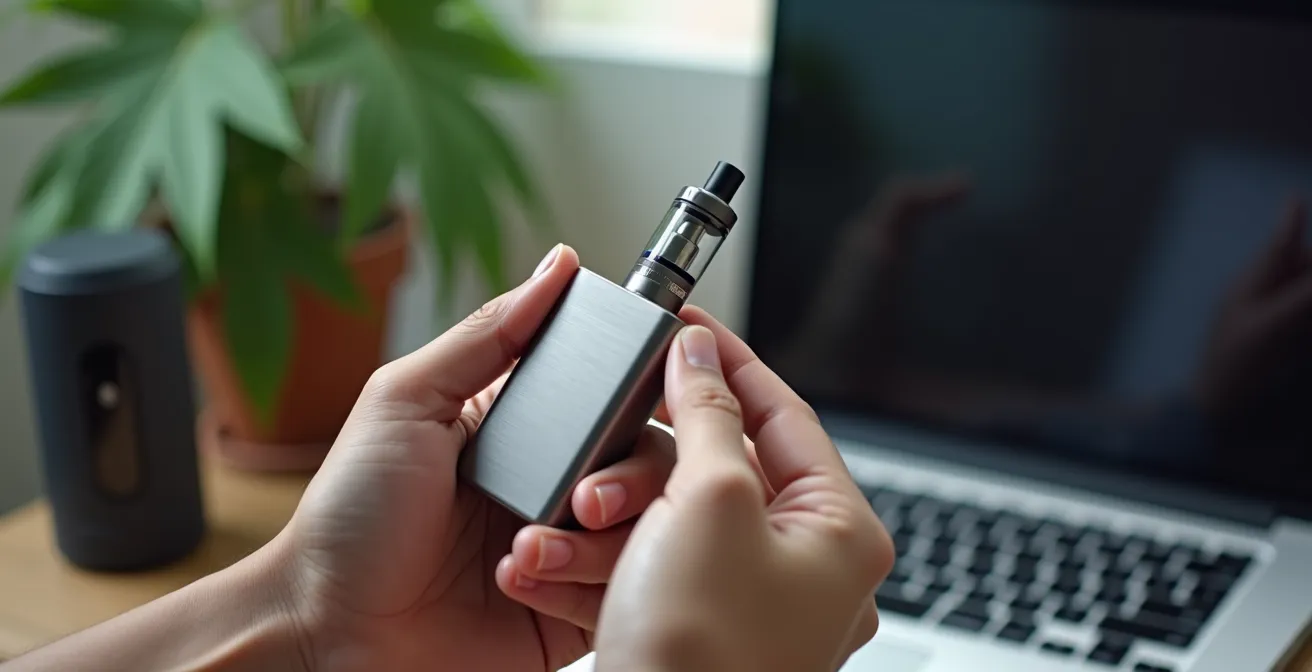 Main tenant un produit de vapotage avec des éléments suggérant la vérification administrative